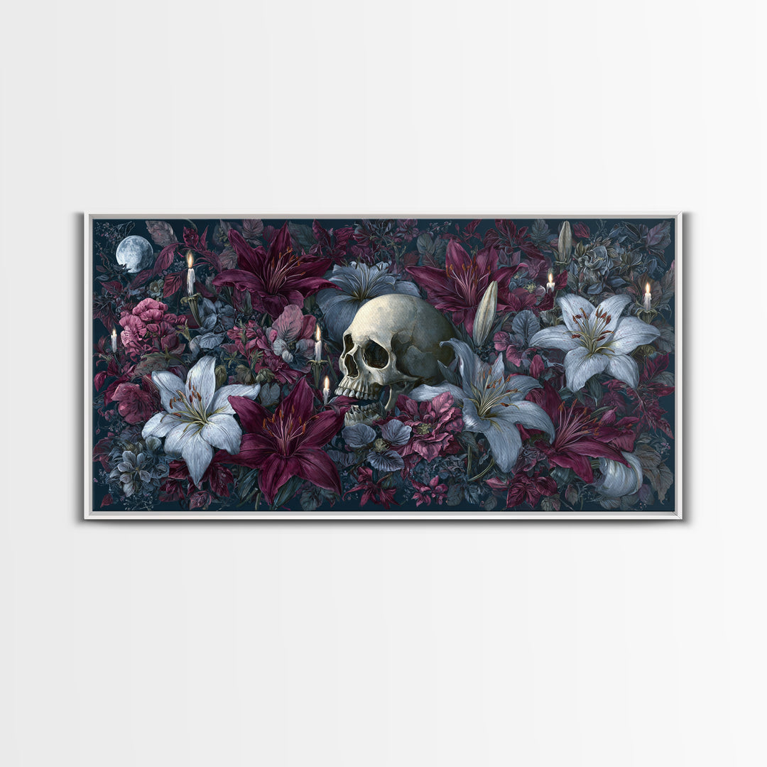 Skull Surrounded by Lilies and Candles Framed Canvas Print, Gothic Art, Home Decor, Living Room Decor, Fine Art, Gothic, GOT-2x1-1