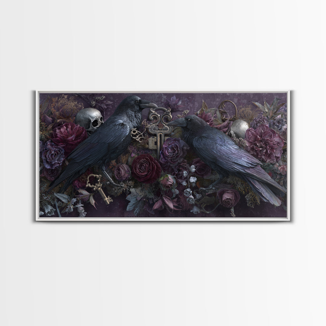 Crow Feathers and Antique Key Still Life Canvas Print, Gothic Art, Contemporary Art, Living Room Decor, Oil Painting, Gothic, GOT-2x1-32