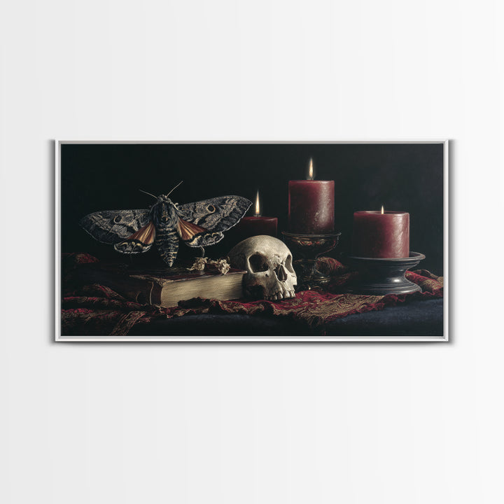 Moth and Skull Composition on Black Velvet Framed Canvas Print, Gothic Art, Halloween Art, Living Room Decor, Watercolor Art, GOT-2x1-59