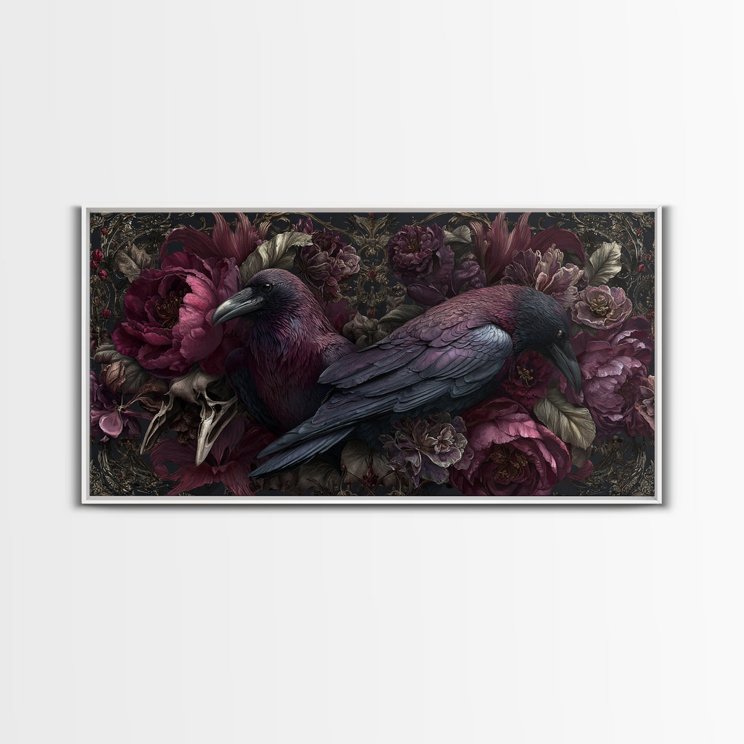 Raven Feathers Arranged Like a Halo Canvas Print, Gothic Art, Textured Painting, Living Room Decor, Watercolor Art, Gothic, GOT-2x1-66