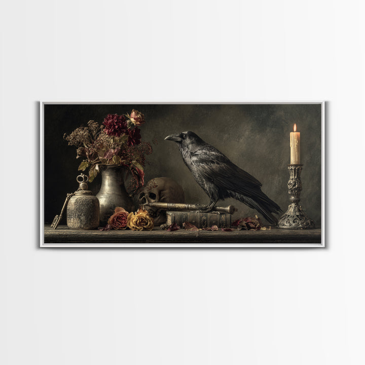 Crow Feathers and Antique Key Still Life Framed Canvas Print, Gothic Art, Dark Academia Decor, Living Room Decor, Gothic, GOT-2x1-80