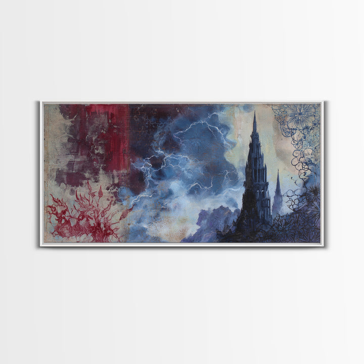 Cathedral Spire Beneath Lightning Clouds Canvas Print, Gothic Art, Wall Art, Living Room Decor, Gothic, Canvas Tote Bag, GOT-2x1-82