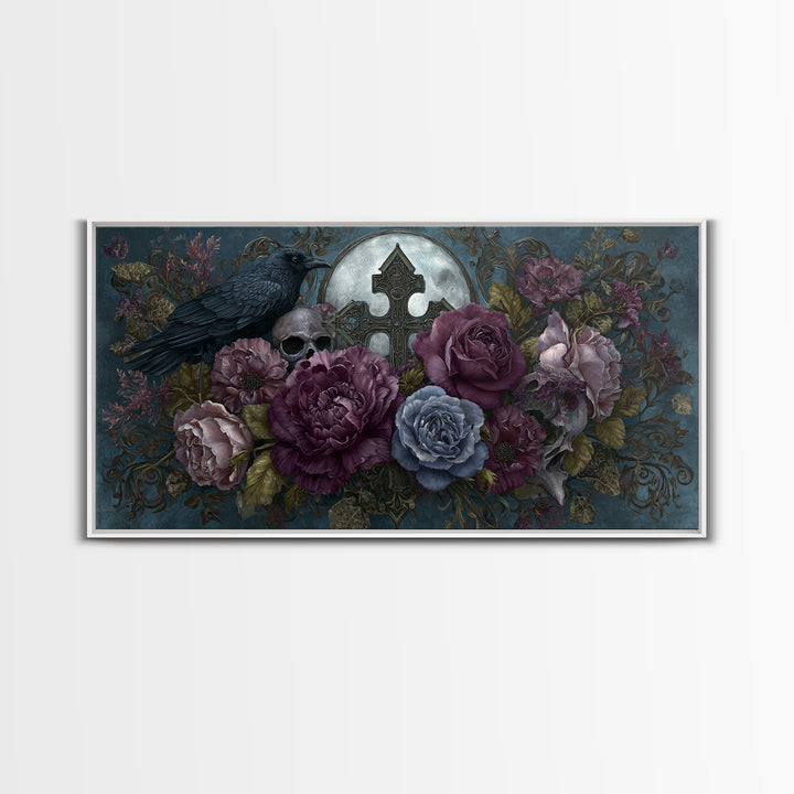Ornate Cross and Roses Dramatic Still Life Framed Canvas Print, Gothic Art, Canvas Tote Bag, Living Room Decor, Gothic, GOT-2x1-88