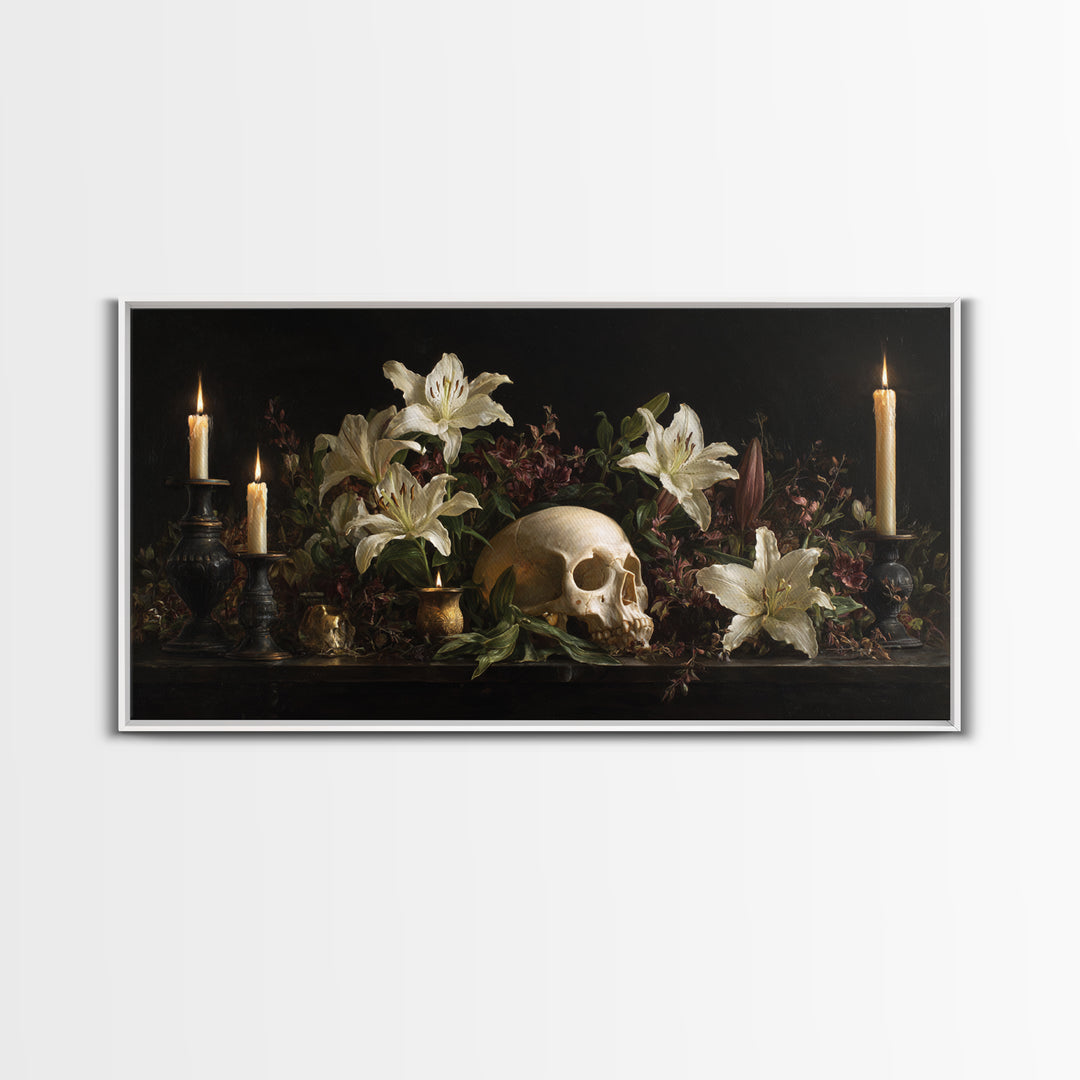 Skull Surrounded by Lilies and Candles Framed Canvas Print, Gothic Art, Canvas Tote Bag, Living Room Decor, Fine Art, Gothic, GOT-2x1-97