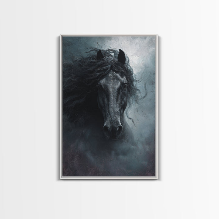 Black Horse with Flowing Mane in Fog Framed Canvas Print, Gothic Art, Wall Art, Living Room Decor, Gothic, Canvas Tote Bag, GOT-2x3-1