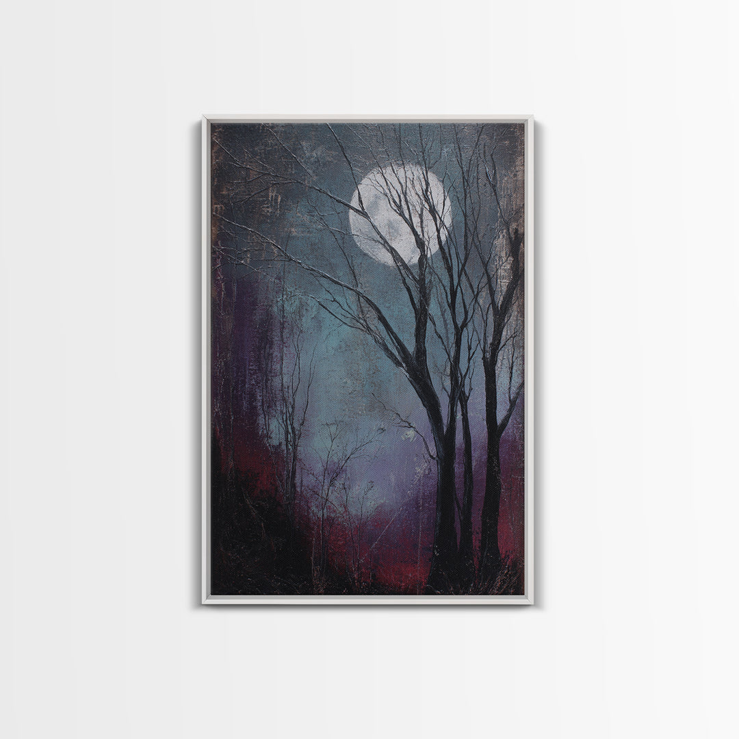Silver Moon over Twisted Black Trees Framed Canvas Print, Gothic Art, Art Prints, Living Room Decor, Abstract Art, Gothic, GOT-2x3-17