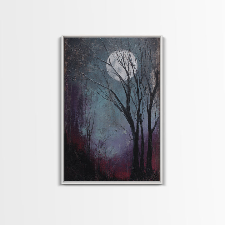 Silver Moon over Twisted Black Trees Framed Canvas Print, Gothic Art, Art Prints, Living Room Decor, Abstract Art, Gothic, GOT-2x3-17