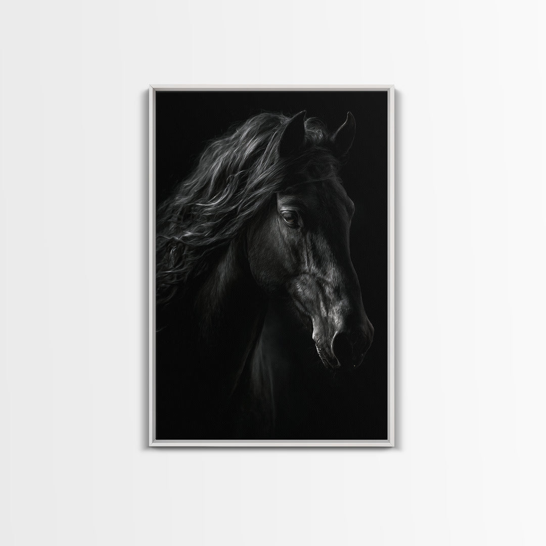 Black Horse with Flowing Mane in Fog Framed Canvas Print, Gothic Art, Wall Art, Living Room Decor, Gothic, Canvas Tote Bag, GOT-2x3-25