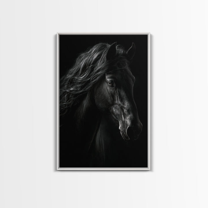 Black Horse with Flowing Mane in Fog Framed Canvas Print, Gothic Art, Wall Art, Living Room Decor, Gothic, Canvas Tote Bag, GOT-2x3-25
