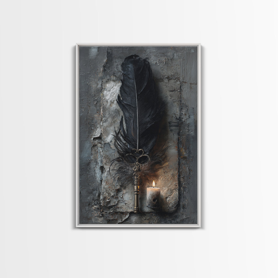 Crow Feathers and Antique Key Still Life Framed Canvas Print, Gothic Art, Black and White Art, Living Room Decor, GOT-2x3-44