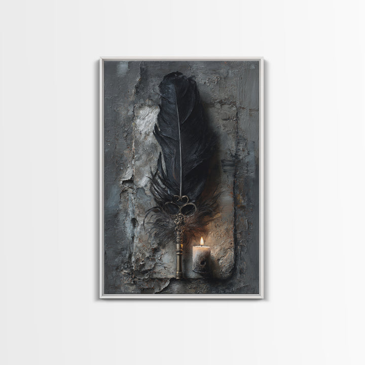 Crow Feathers and Antique Key Still Life Framed Canvas Print, Gothic Art, Black and White Art, Living Room Decor, GOT-2x3-44