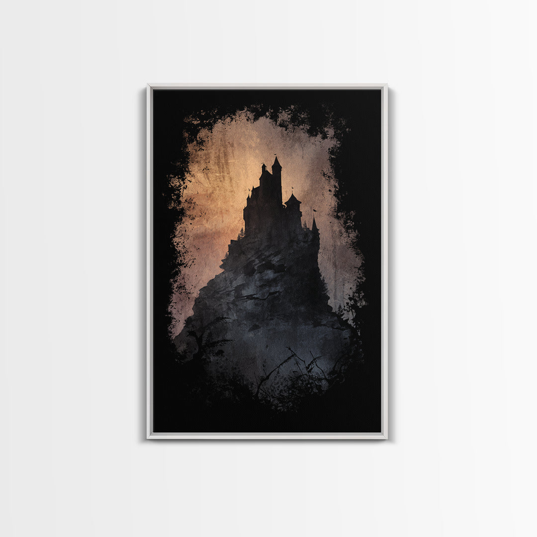 Stormy Castle Silhouette on Jagged Cliffs Canvas Print, Gothic Art, Digital Art, Living Room Decor, Abstract Art, Gothic, GOT-2x3-62