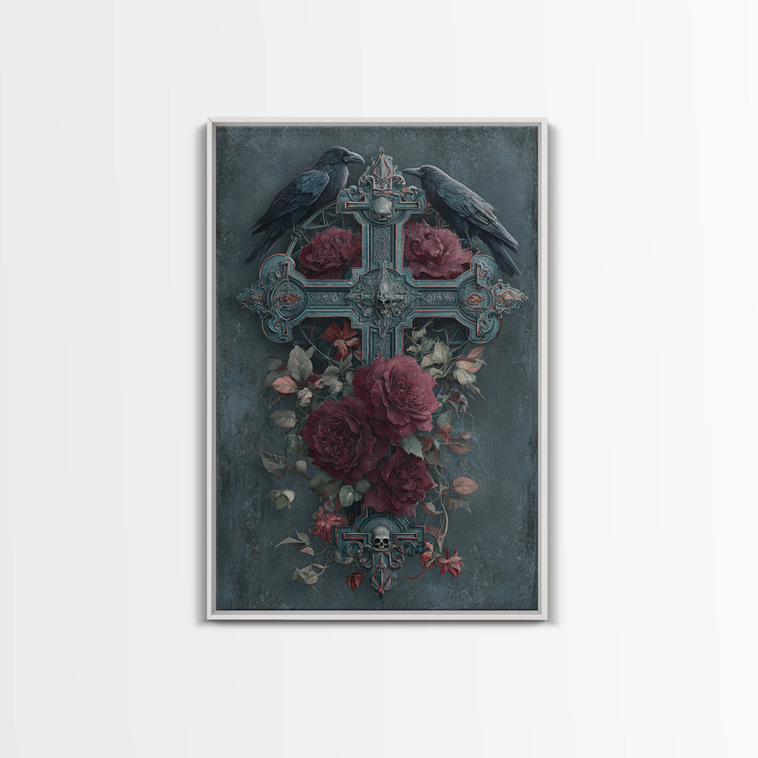 Ornate Cross and Roses Dramatic Still Life Framed Canvas Print, Gothic Art, Printable Art, Living Room Decor, Fine Art, Gothic, GOT-2x3-76