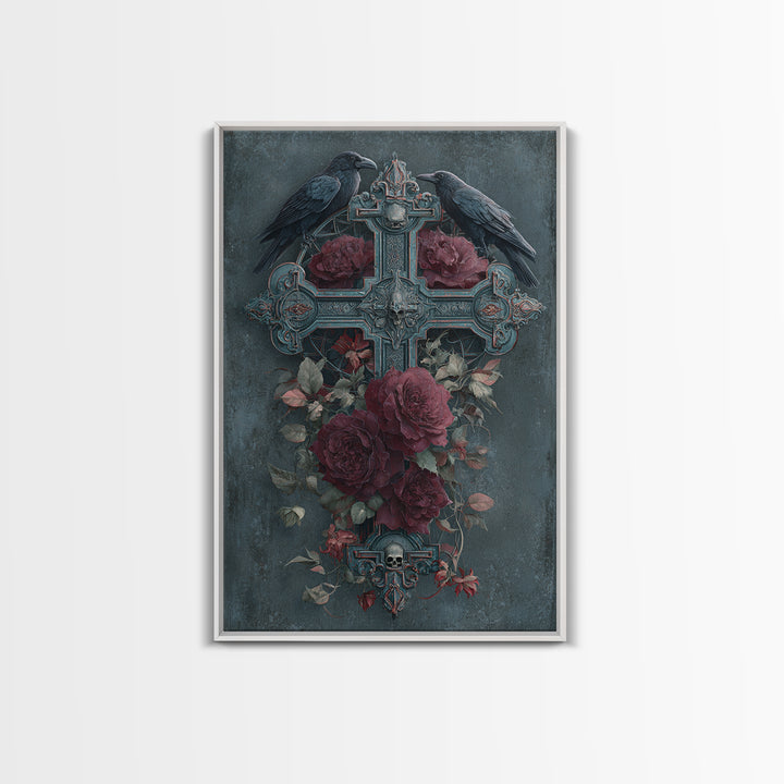 Ornate Cross and Roses Dramatic Still Life Framed Canvas Print, Gothic Art, Printable Art, Living Room Decor, Fine Art, Gothic, GOT-2x3-76