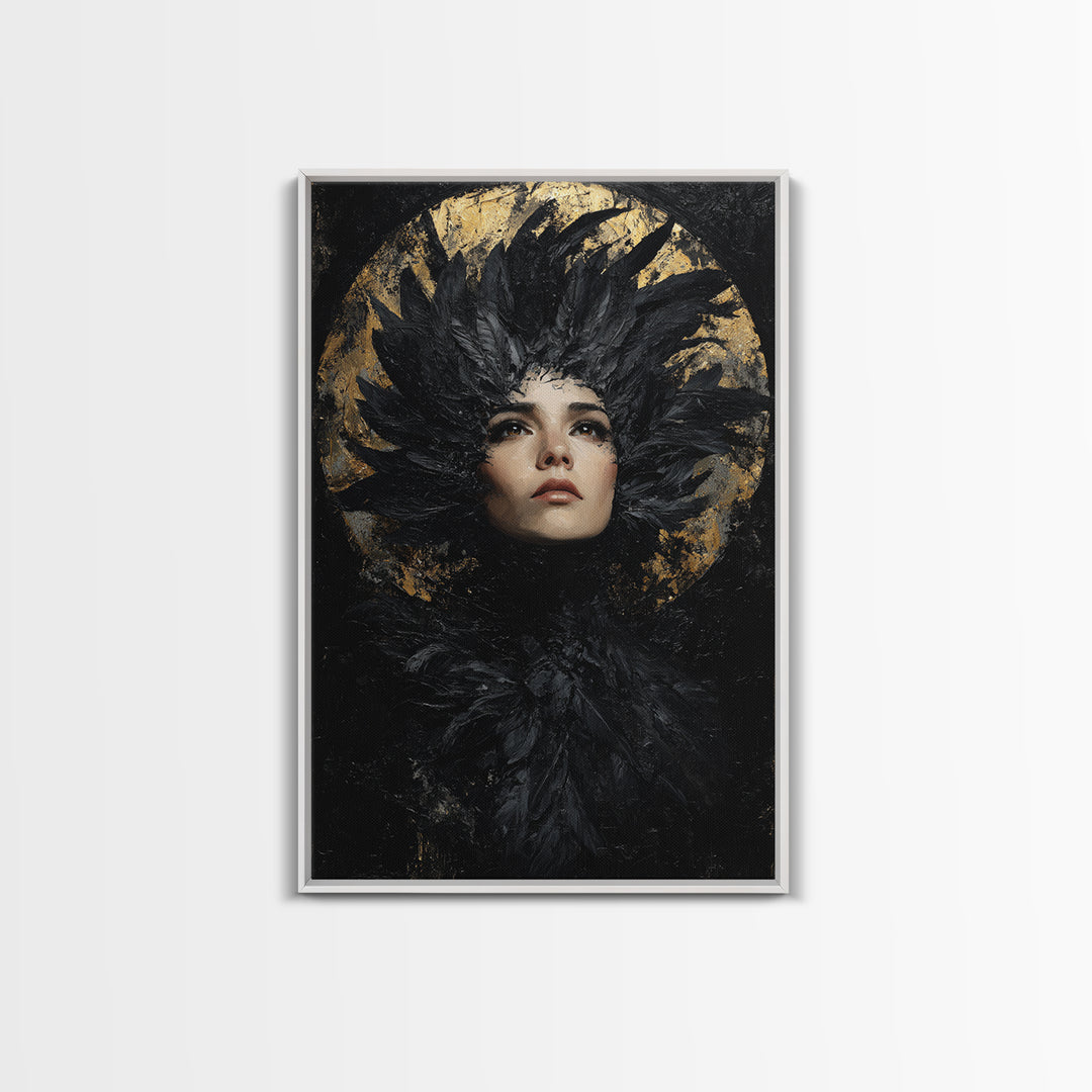 Raven Feathers Arranged Like a Halo Framed Canvas Print, Gothic Art, Art Prints, Living Room Decor, Fine Art, Gothic, GOT-2x3-78