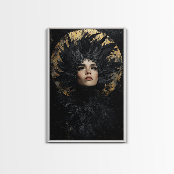 Raven Feathers Arranged Like a Halo Framed Canvas Print, Gothic Art, Art Prints, Living Room Decor, Fine Art, Gothic, GOT-2x3-78