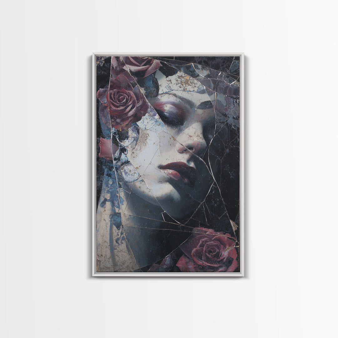 Cracked Mirror Reflecting Moon and Roses Canvas Print, Gothic Art, Poster, Living Room Decor, Fine Art, Gothic, Witchy Decor, GOT-2x3-79