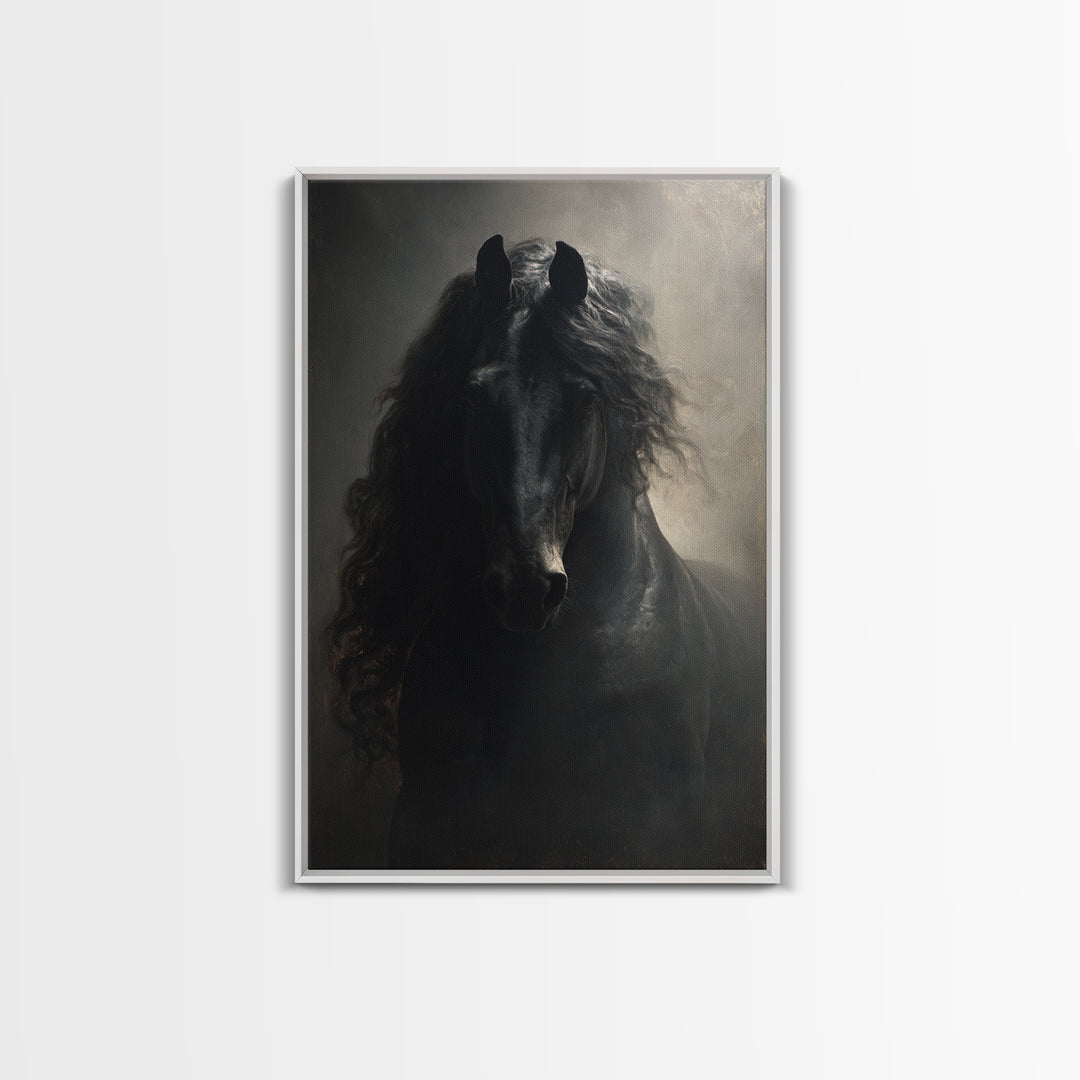 Black Horse with Flowing Mane in Fog Framed Canvas Print, Gothic Art, Art Nouveau, Living Room Decor, Fine Art, Gothic, GOT-2x3-97