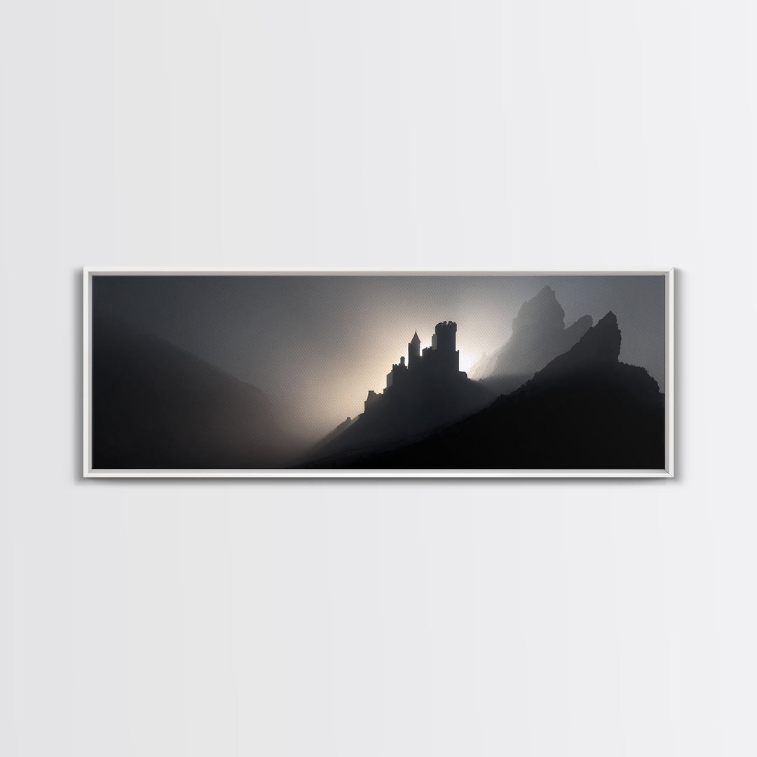 Stormy Castle Silhouette on Jagged Cliffs Canvas Print, Gothic Art, Boho Decor, Living Room Decor, Abstract Art, Gothic, GOT-3x1-22