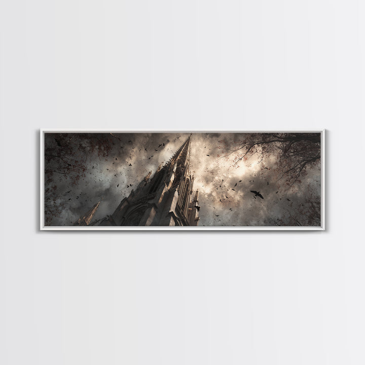 Cathedral Spire Beneath Lightning Clouds Canvas Print, Gothic Art, Wall Art, Living Room Decor, Gothic, Canvas Tote Bag, GOT-3x1-30