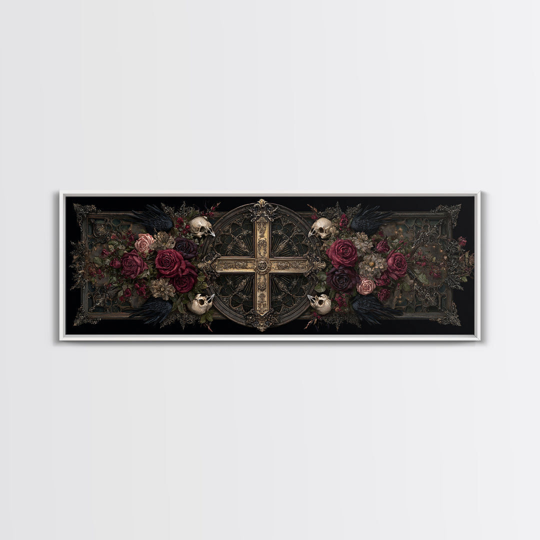 Ornate Cross and Roses Dramatic Still Life Framed Canvas Print, Gothic Art, Halloween Decor, Living Room Decor, Gothic, GOT-3x1-84