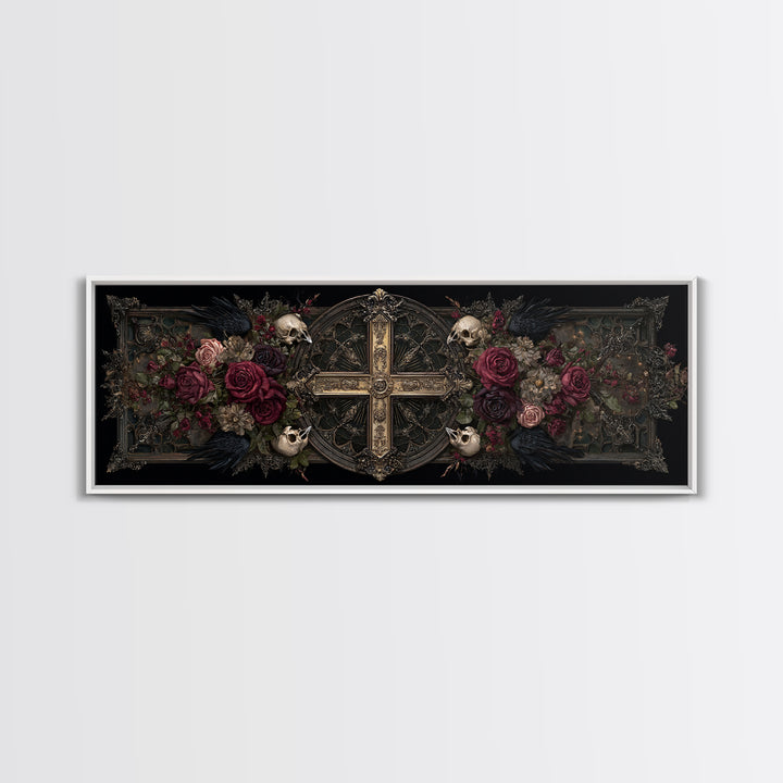 Ornate Cross and Roses Dramatic Still Life Framed Canvas Print, Gothic Art, Halloween Decor, Living Room Decor, Gothic, GOT-3x1-84
