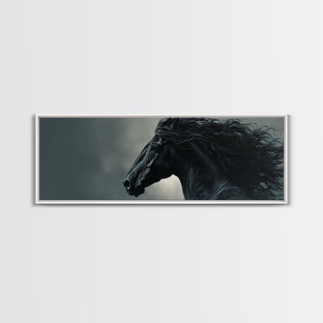 Black Horse with Flowing Mane in Fog Framed Canvas Print, Gothic Art, Gothic Decor, Living Room Decor, Fine Art, Gothic, GOT-3x1-9
