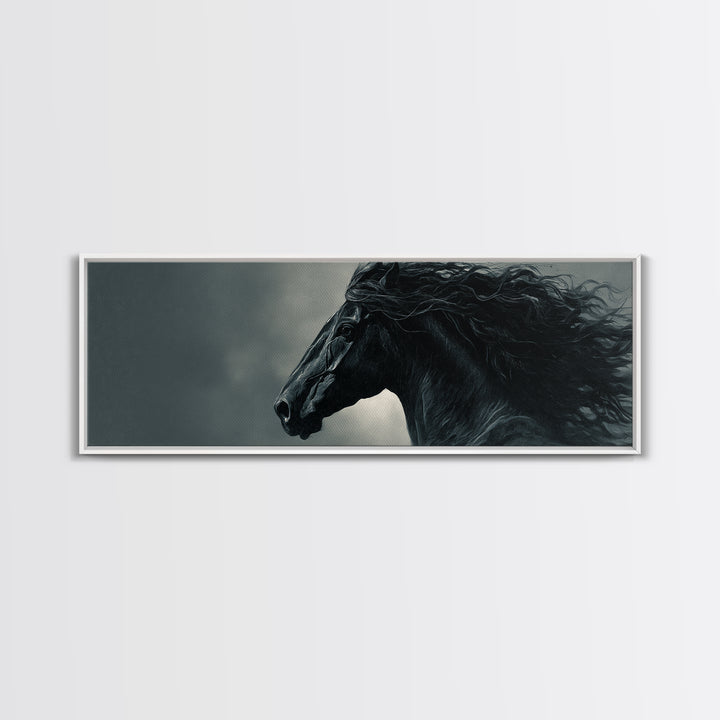 Black Horse with Flowing Mane in Fog Framed Canvas Print, Gothic Art, Gothic Decor, Living Room Decor, Fine Art, Gothic, GOT-3x1-9