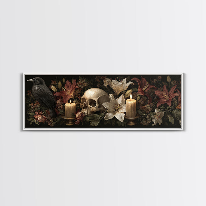 Skull Surrounded by Lilies and Candles Canvas Print, Gothic Art, Witchy Home Decor, Living Room Decor, Fine Art, Gothic, GOT-3x1-93