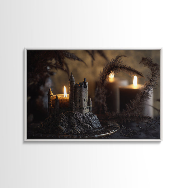 Stormy Castle Silhouette on Jagged Cliffs Framed Canvas Print, Gothic Art, Art Nouveau, Living Room Decor, Fine Art, Gothic, GOT-3x2-10