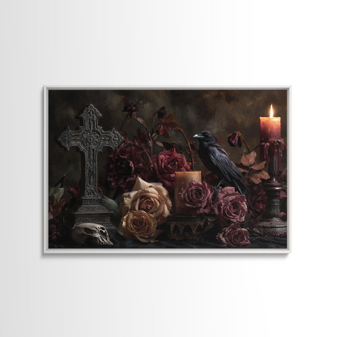 Ornate Cross and Roses Dramatic Still Life Framed Canvas Print, Gothic Art, Printable Art, Living Room Decor, Fine Art, Gothic, GOT-3x2-24