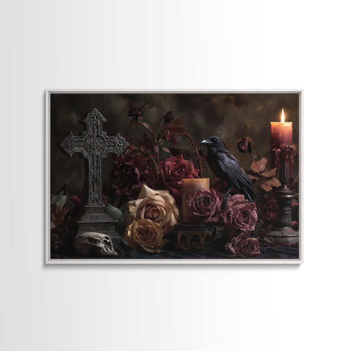 Ornate Cross and Roses Dramatic Still Life Framed Canvas Print, Gothic Art, Printable Art, Living Room Decor, Fine Art, Gothic, GOT-3x2-24