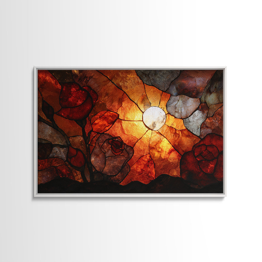 Cracked Mirror Reflecting Moon and Roses Framed Canvas Print, Gothic Art, Moody Wall Art, Living Room Decor, Fine Art, Gothic, GOT-3x2-27