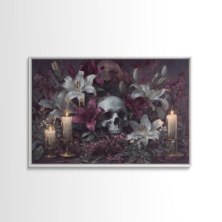 Skull Surrounded by Lilies and Candles Canvas Print, Gothic Art, Halloween Art, Living Room Decor, Gothic, Neutral Decor, GOT-3x2-33