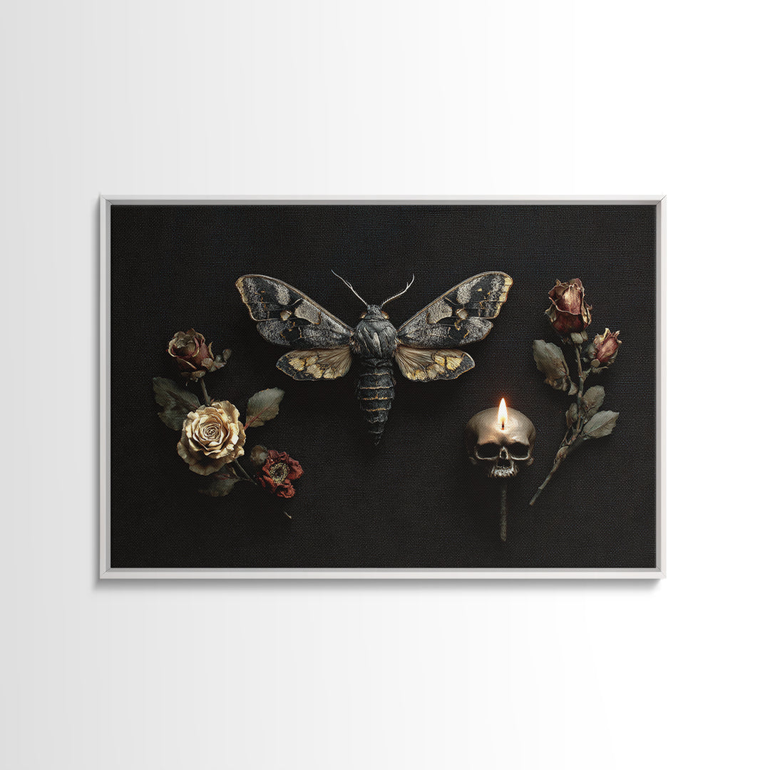 Moth and Skull Composition on Black Velvet Canvas Print, Gothic Art, Black and White Art, Living Room Decor, Abstract Art, GOT-3x2-43