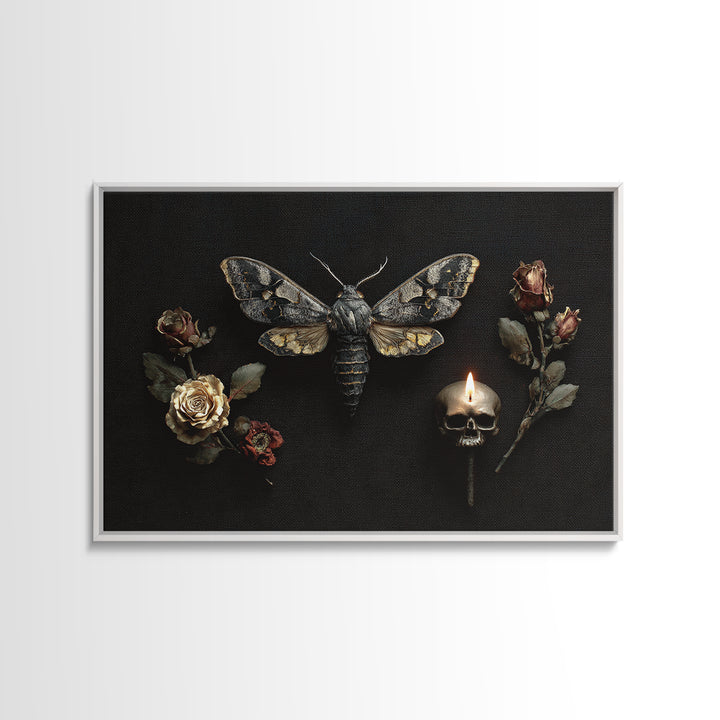 Moth and Skull Composition on Black Velvet Canvas Print, Gothic Art, Black and White Art, Living Room Decor, Abstract Art, GOT-3x2-43
