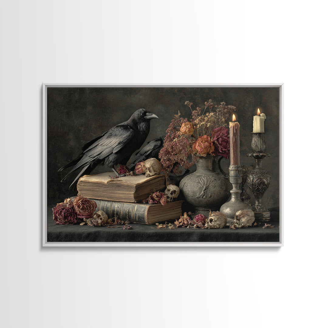 Candlelit Book and Dried Flowers Still Life Framed Canvas Print, Gothic Art, Witchy Decor, Living Room Decor, Fine Art, Gothic, GOT-3x2-46