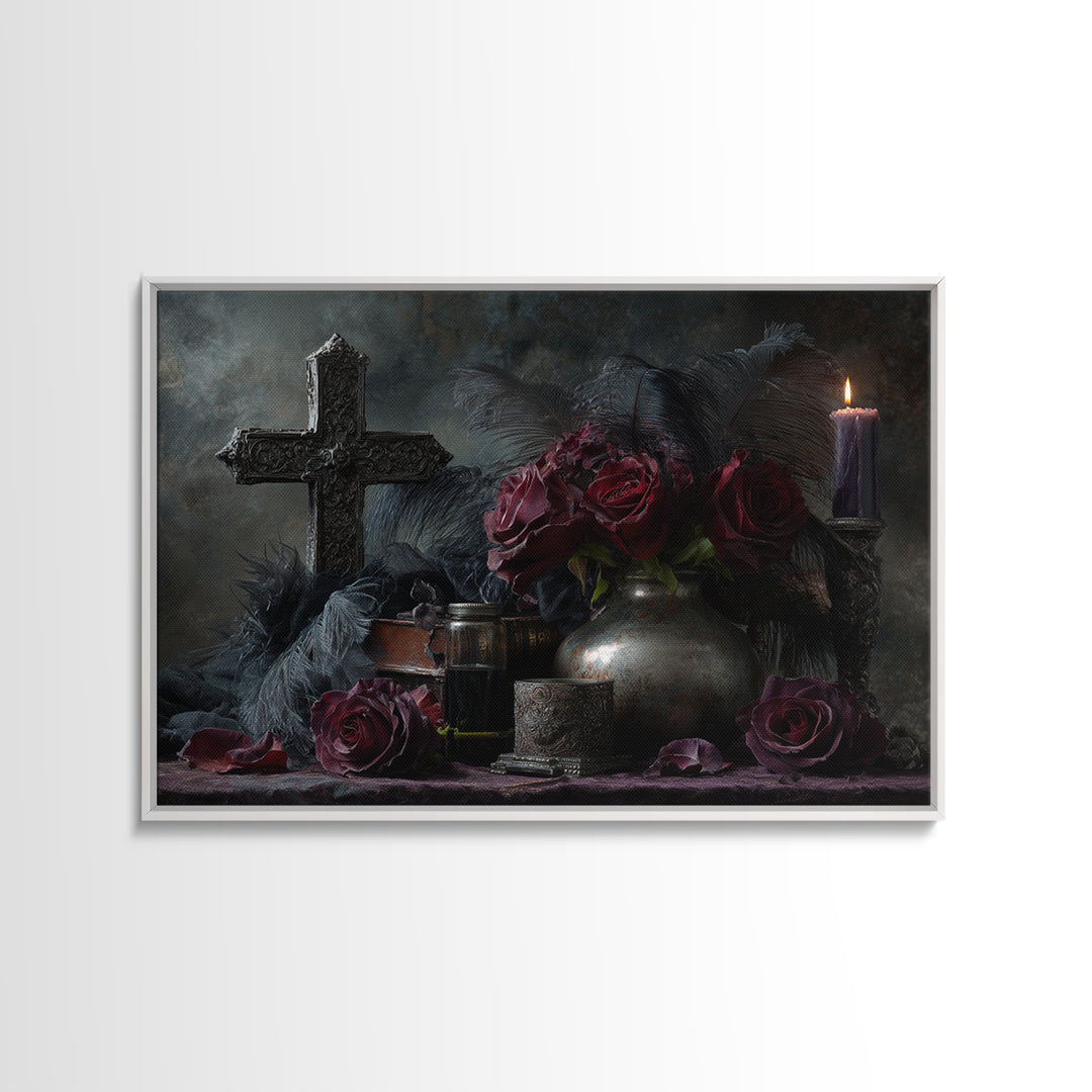 Ornate Cross and Roses Dramatic Still Life Canvas Print, Gothic Art, Living Room Decor, Fine Art, Gothic, Modern Decor, GOT-3x2-48