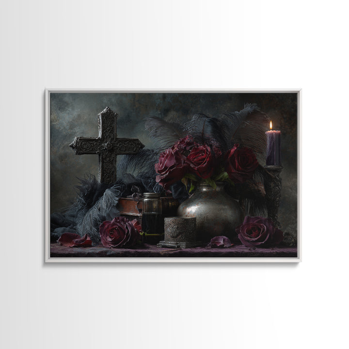 Ornate Cross and Roses Dramatic Still Life Canvas Print, Gothic Art, Living Room Decor, Fine Art, Gothic, Modern Decor, GOT-3x2-48