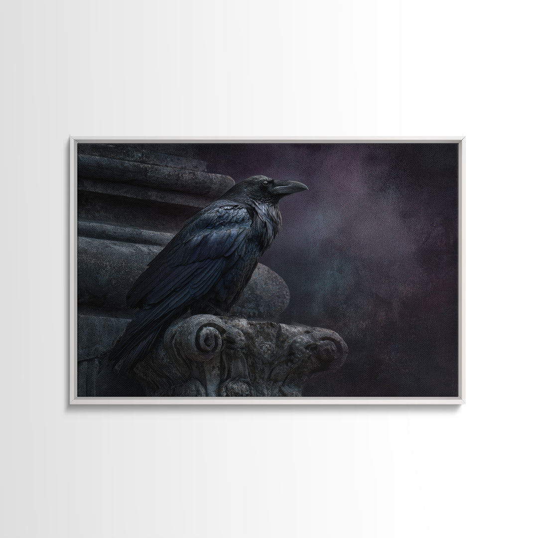 Raven on a Cathedral Gargoyle Framed Canvas Print, Gothic Art, Moody Wall Art, Living Room Decor, Fine Art, Gothic, Wall Decor, GOT-3x2-5
