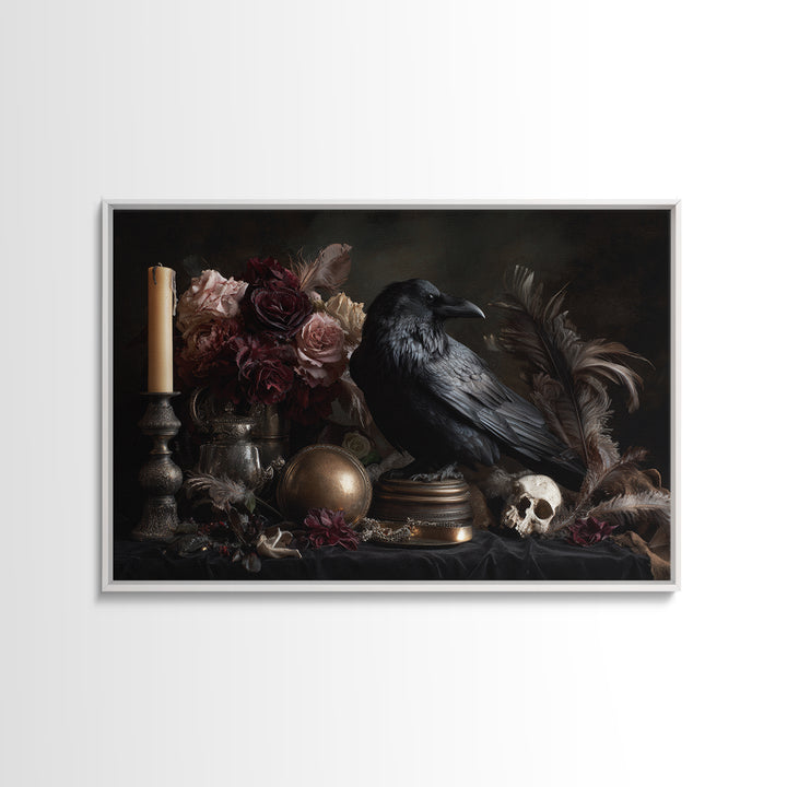 Raven Feathers Arranged Like a Halo Framed Canvas Print, Gothic Art, Printable Art, Living Room Decor, Oil Painting, Gothic, GOT-3x2-50