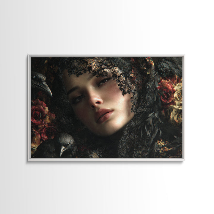 Melancholy Woman Portrait Canvas Print, Gothic Art, Black and White Art, Living Room Decor, Oil Painting, Gothic, GOT-3x2-56