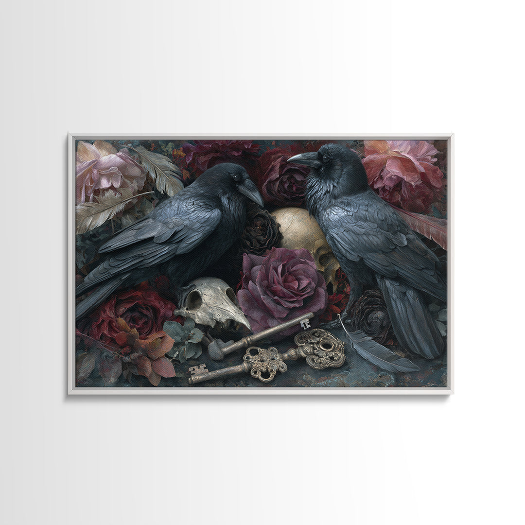 Crow Feathers and Antique Key Still Life Framed Canvas Print, Gothic Art, Gallery Decor, Living Room Decor, Abstract Art, GOT-3x2-64