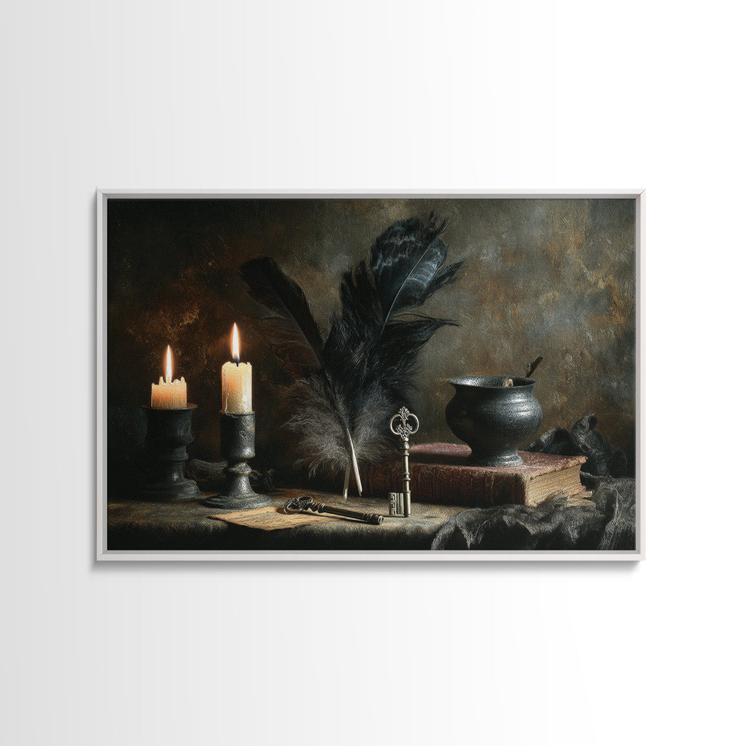 Crow Feathers and Antique Key Still Life Canvas Print, Gothic Art, Boho Decor, Living Room Decor, Fine Art, Gothic, Art Print, GOT-3x2-88