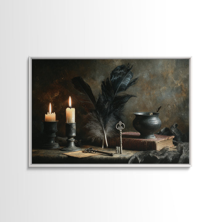 Crow Feathers and Antique Key Still Life Canvas Print, Gothic Art, Boho Decor, Living Room Decor, Fine Art, Gothic, Art Print, GOT-3x2-88