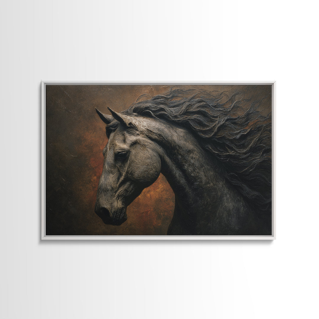 Black Horse with Flowing Mane in Fog Canvas Print, Gothic Art, Black and White Art, Living Room Decor, Fine Art, Gothic, GOT-3x2-93