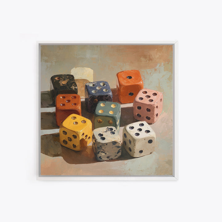 Tabletop Dice Rolling Through Dramatic Light Framed Canvas Print, Game Room Art, Gallery Decor, Game Room Decor, Fine Art, Play, GRA-1x1-41