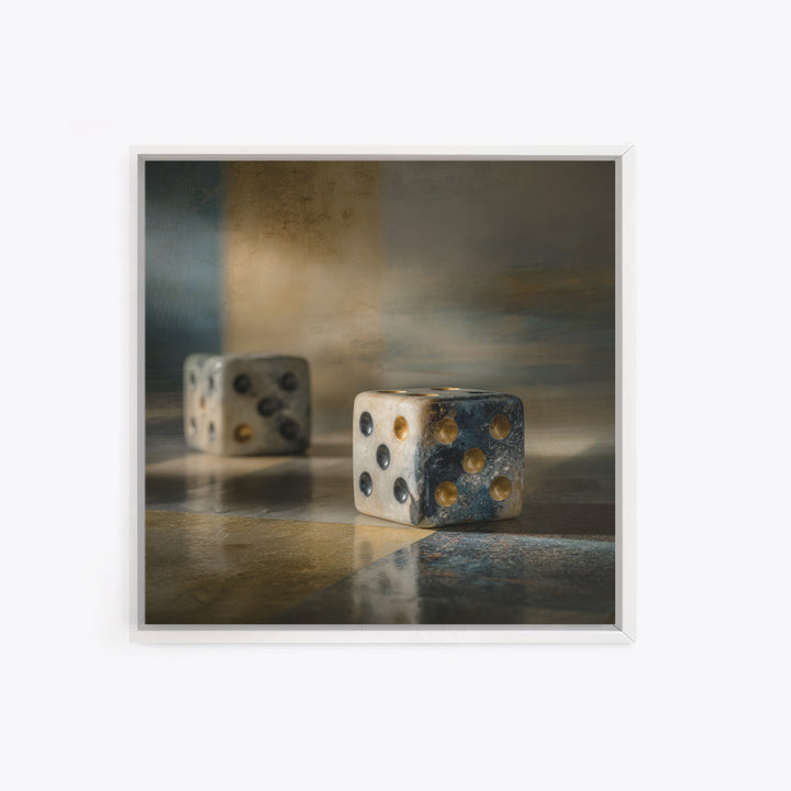 Tabletop Dice Rolling Through Dramatic Light Framed Canvas Print, Game Room Art, Gallery Decor, Game Room Decor, Fine Art, Play, GRA-1x1-65