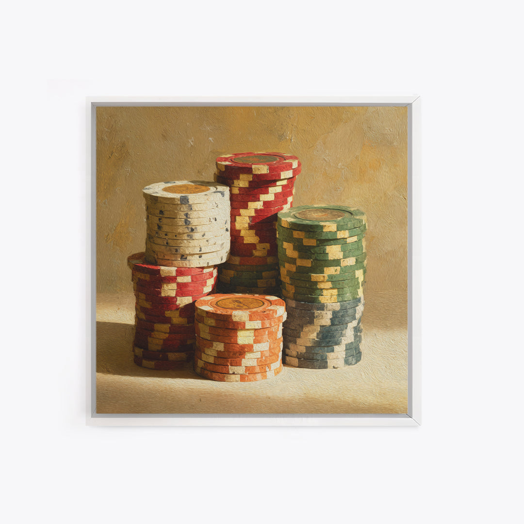 Poker Chips Stacked Like Casino Still Life Framed Canvas Print, Game Room Art, Modern Wall Art, Game Room Decor, Fine Art, Play, GRA-1x1-7