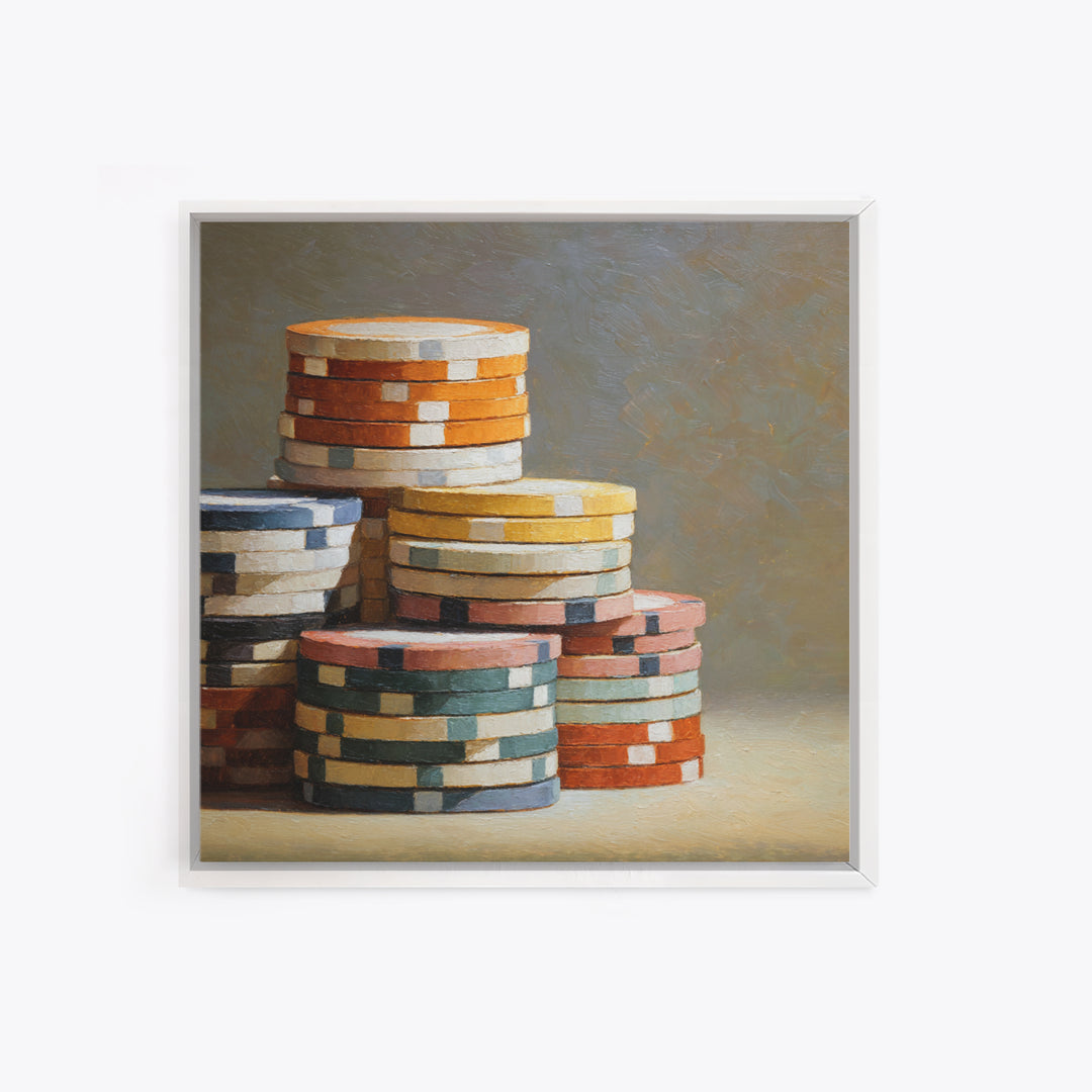 Poker Chips Stacked Like Casino Still Life Framed Canvas Print, Game Room Art, Fine Art Print, Game Room Decor, Oil Painting, GRA-1x1-79